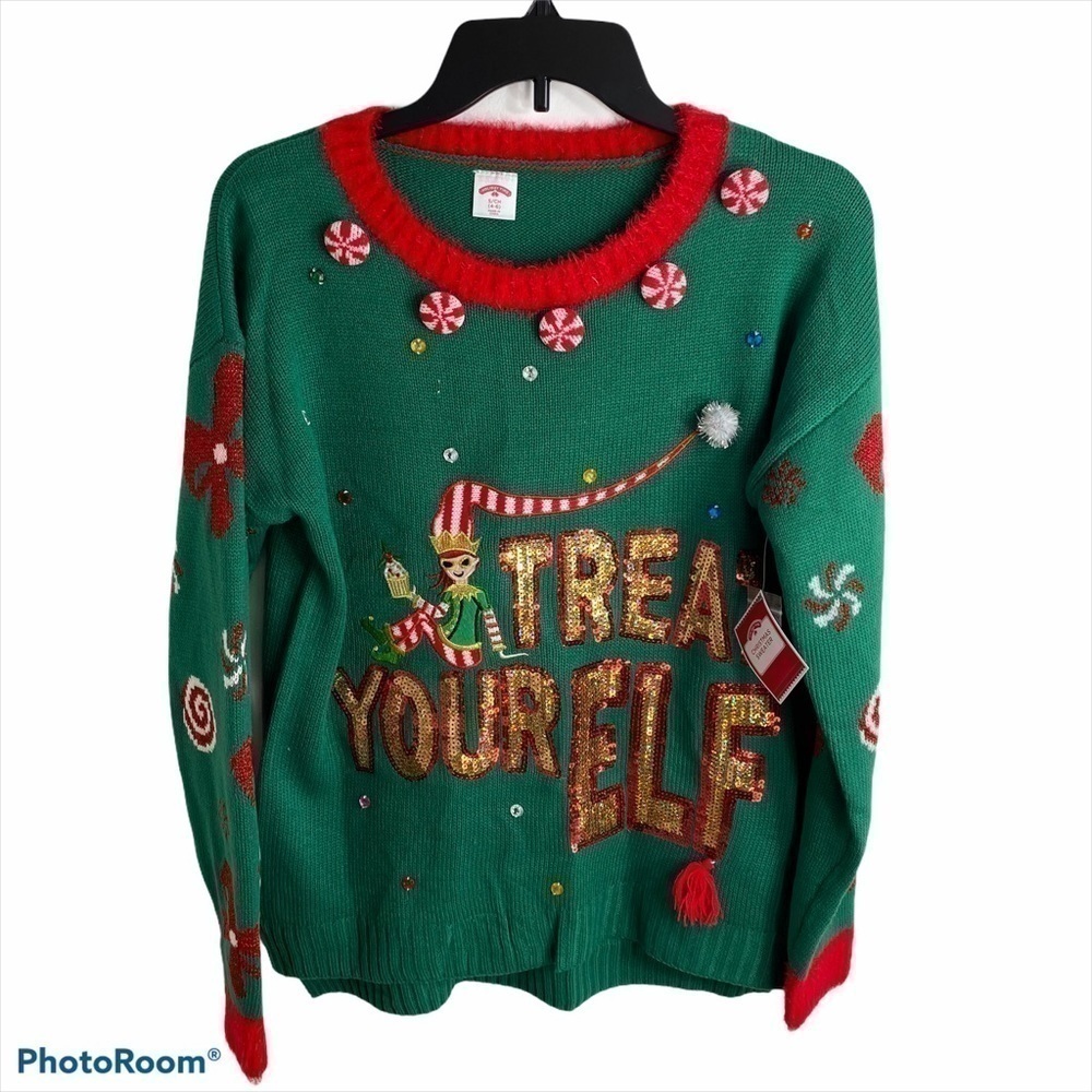 Treat Your Elf Ugly Christmas Sweater Women’s NWT Small Green Red